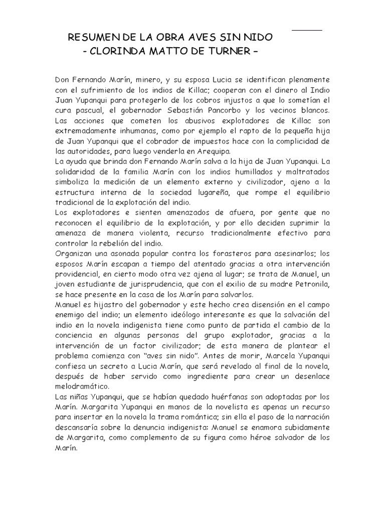 Resumen De La Obra Aves Sin Nido Pdf