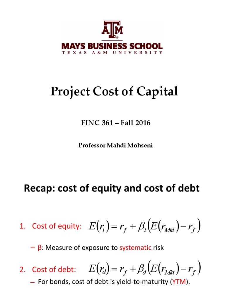 Finc361 Lecture 10 Project Cost of Capital PDF PDF Cost Of Capital Beta (Finance)