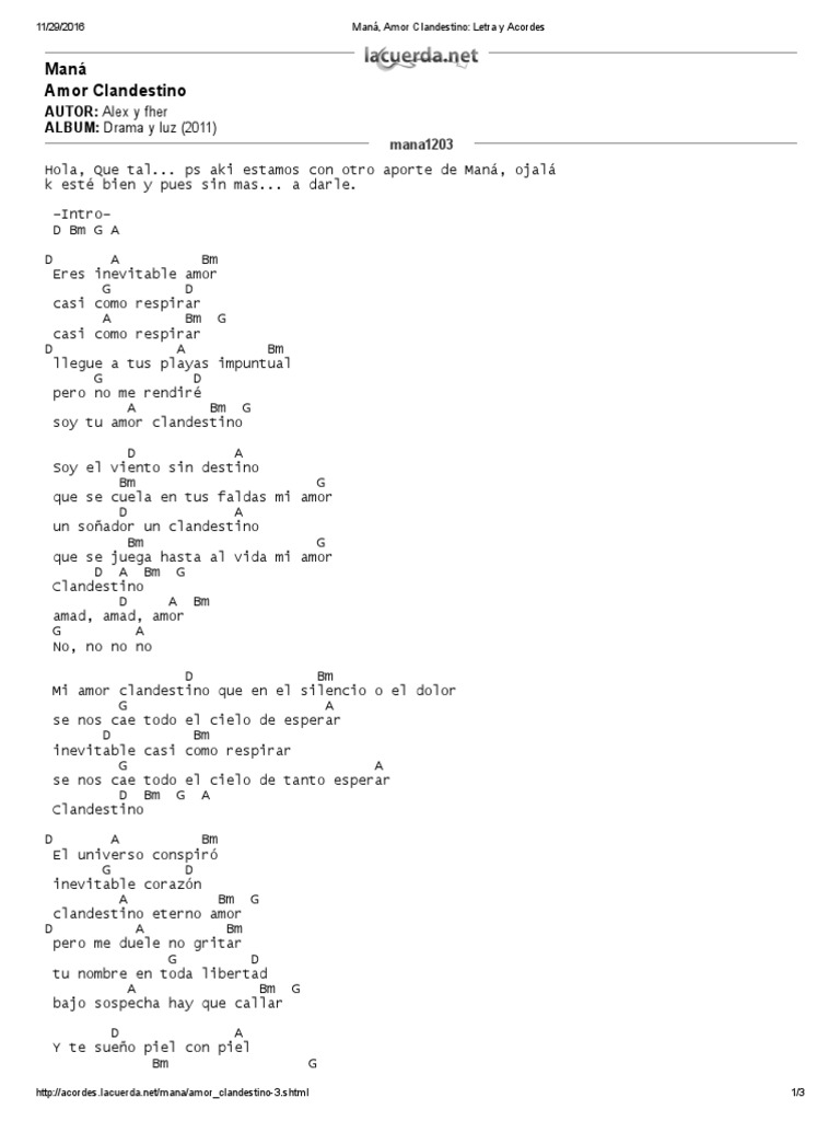 Mana Amor Clandestino Letra Y Acordes Amor Ocio