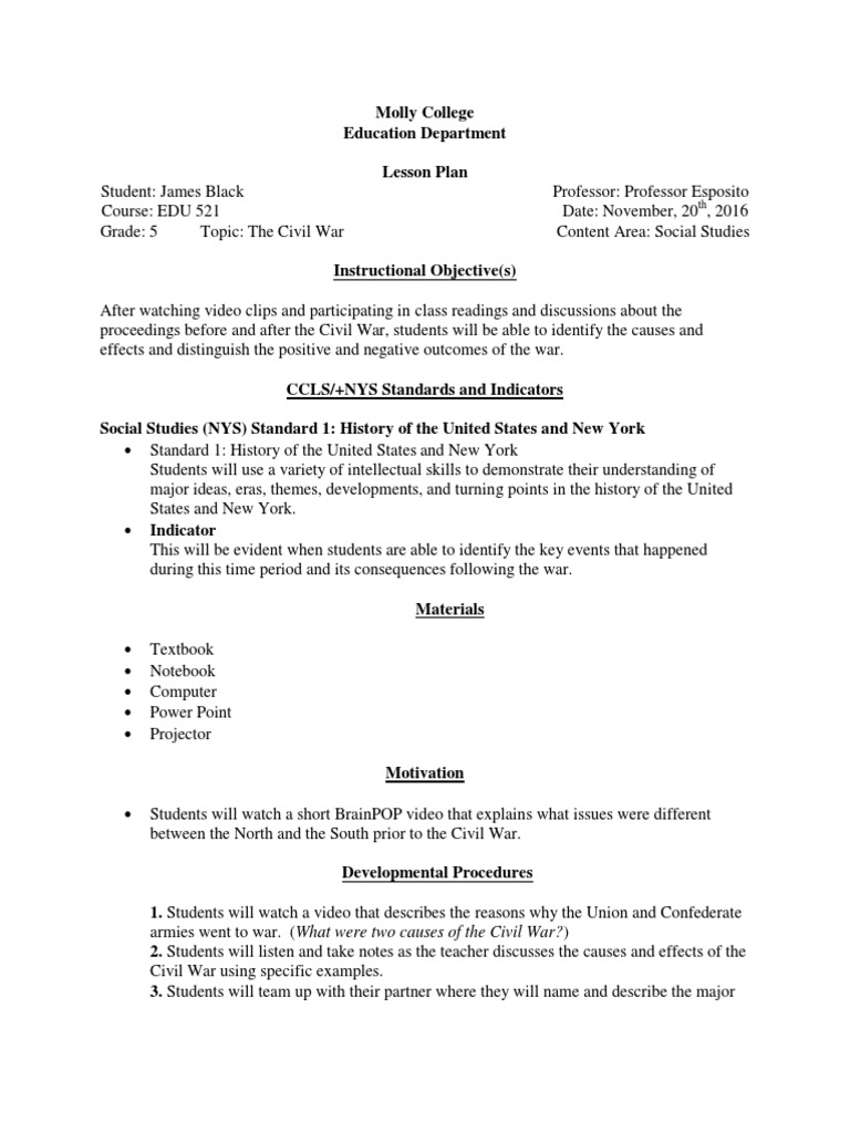 civil war lesson plan | Lesson Plan | Causality