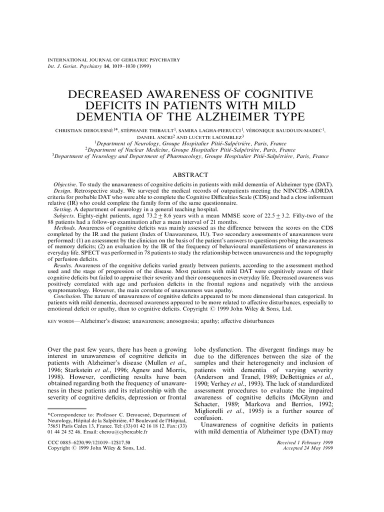 Decreased Awareness of Cognitive Deficits in Patients With Mild ...