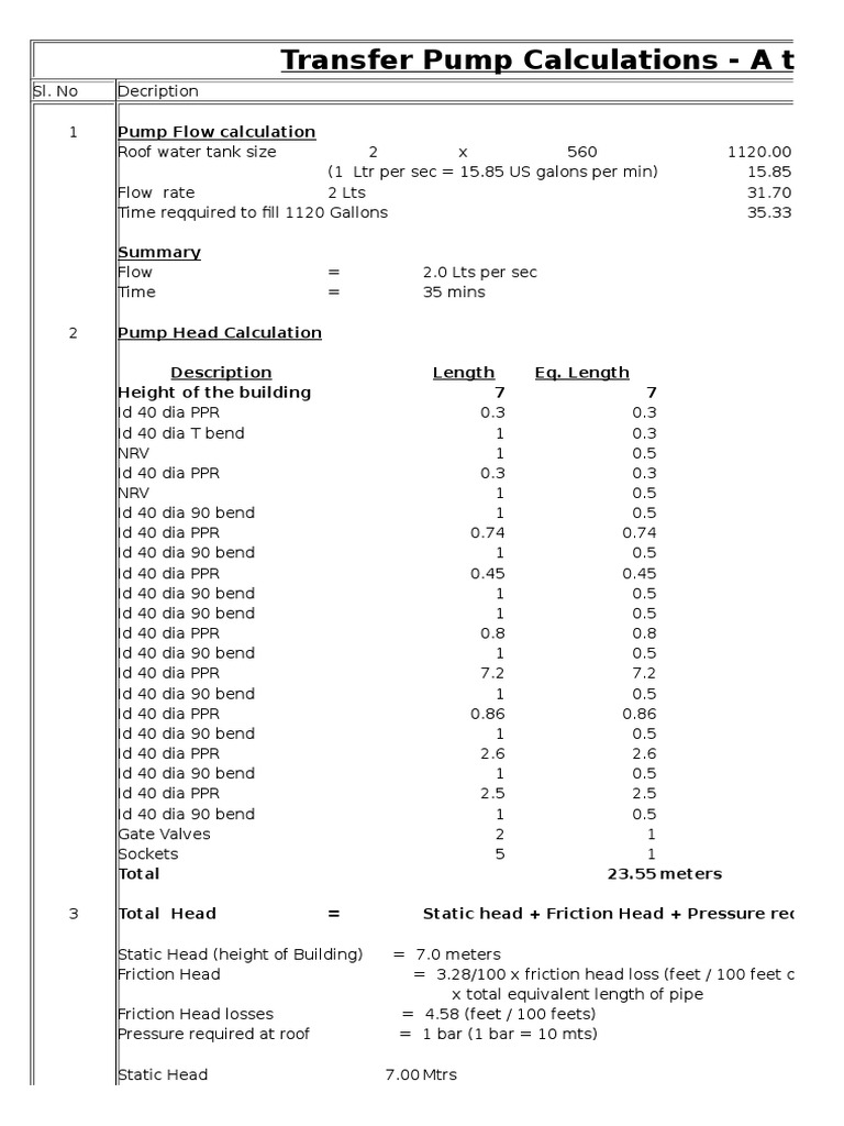 Transfer Pump Calculations - A Type | PDF | Building Engineering | Gases