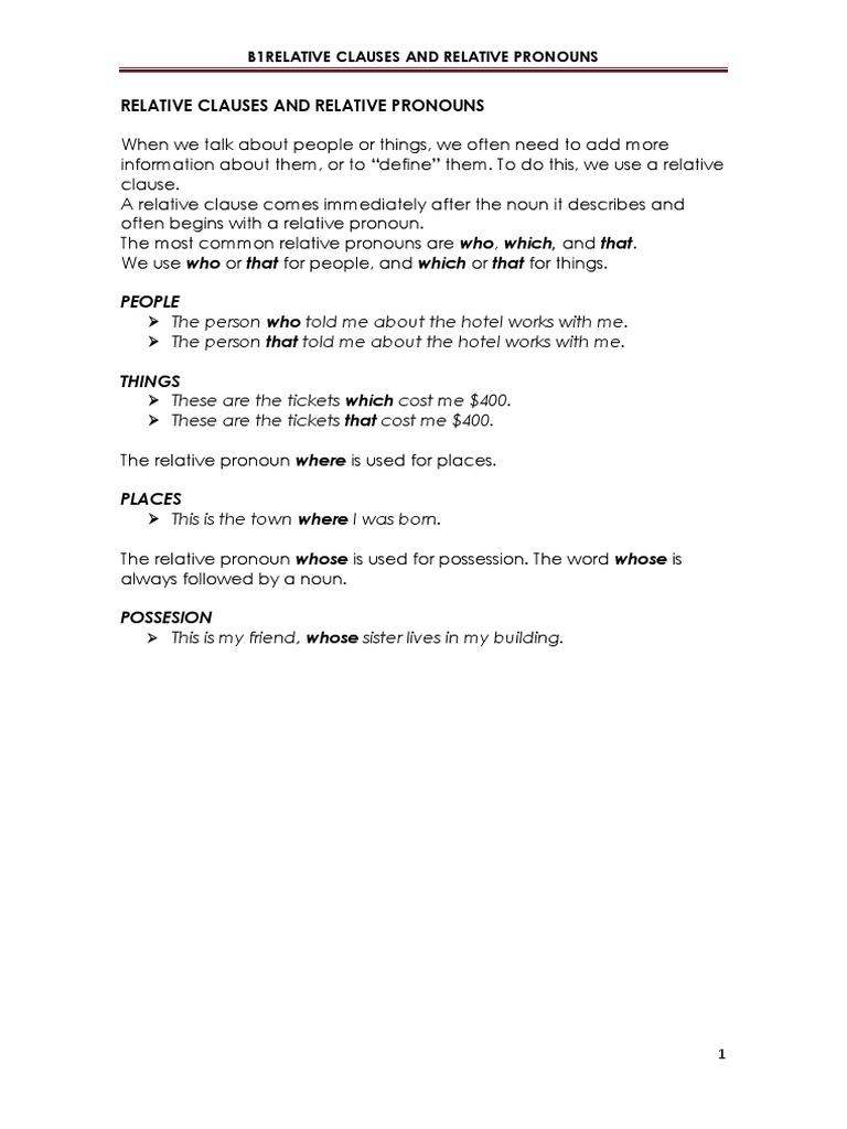 b1 Relative Clauses and Relative Pronouns | PDF | Pronoun | Clause