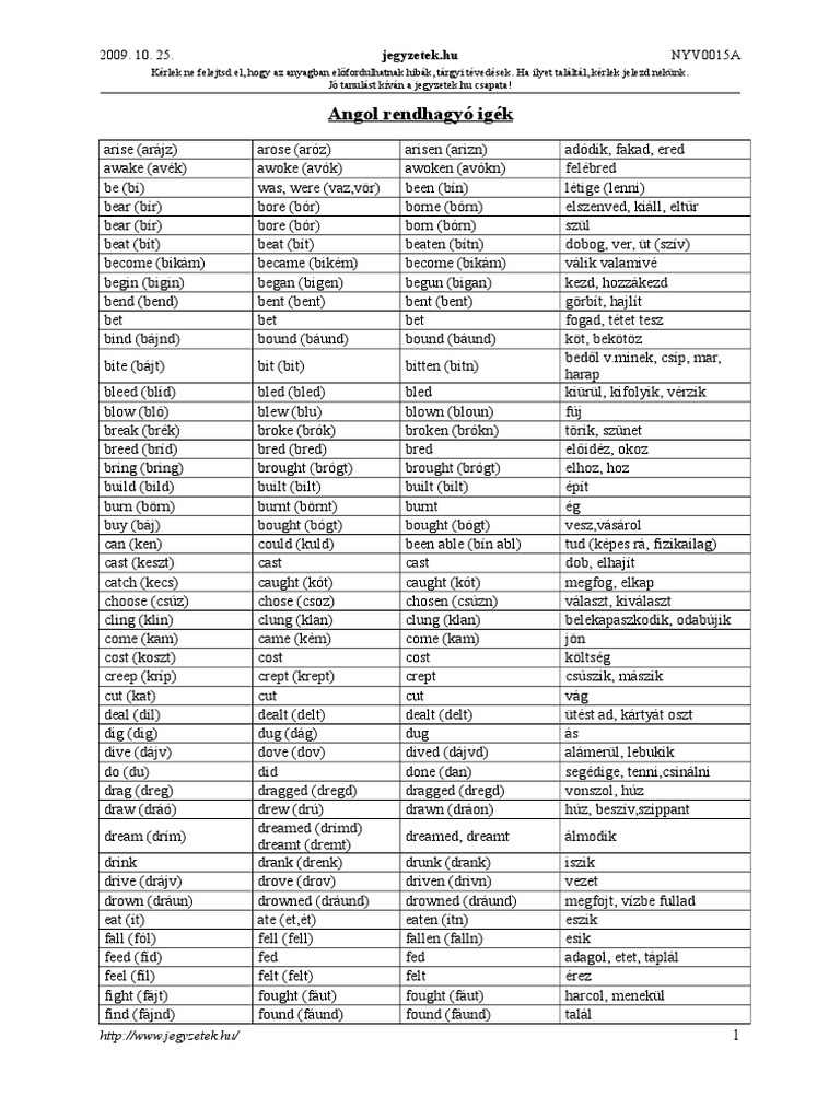 Angol Rendhagyó Igék Táblázat | PDF