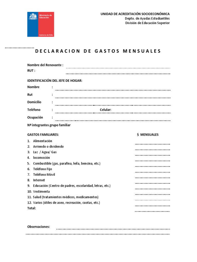 Mineduc Declaracion de Gastos Mensuales | PDF