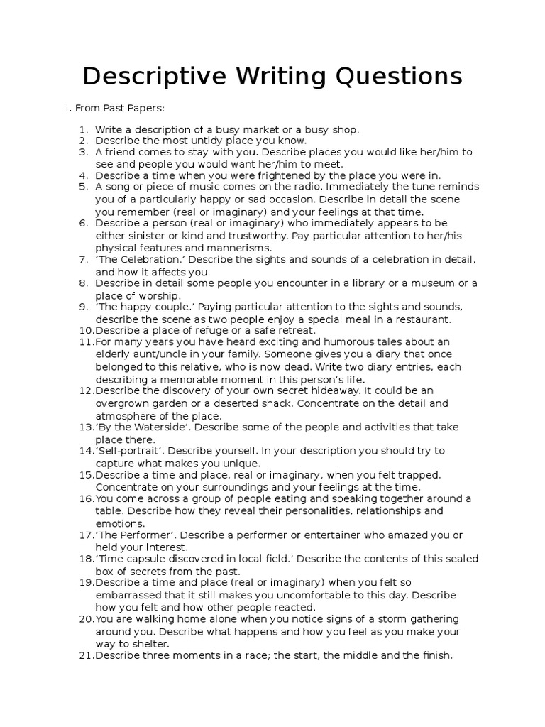 Descriptive writing questions pdf emotions