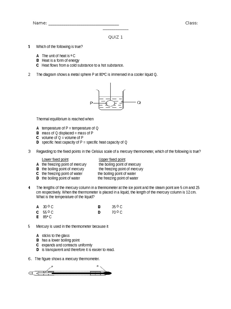 QUIZ 1 Thermometer Temperature