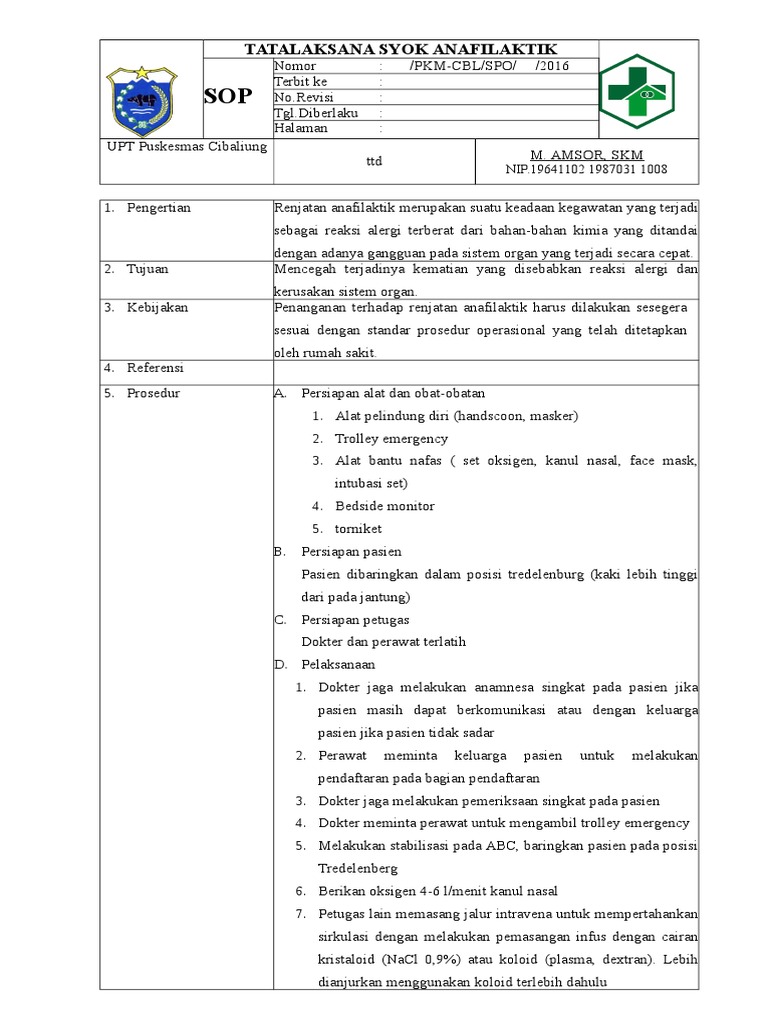 Sop Penatalakasanaan Syok Anafilaktik
