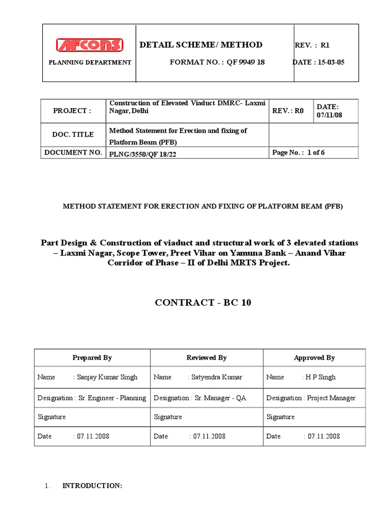 PFB Erection Method Statement | PDF | Crane (Machine) | Quality Assurance