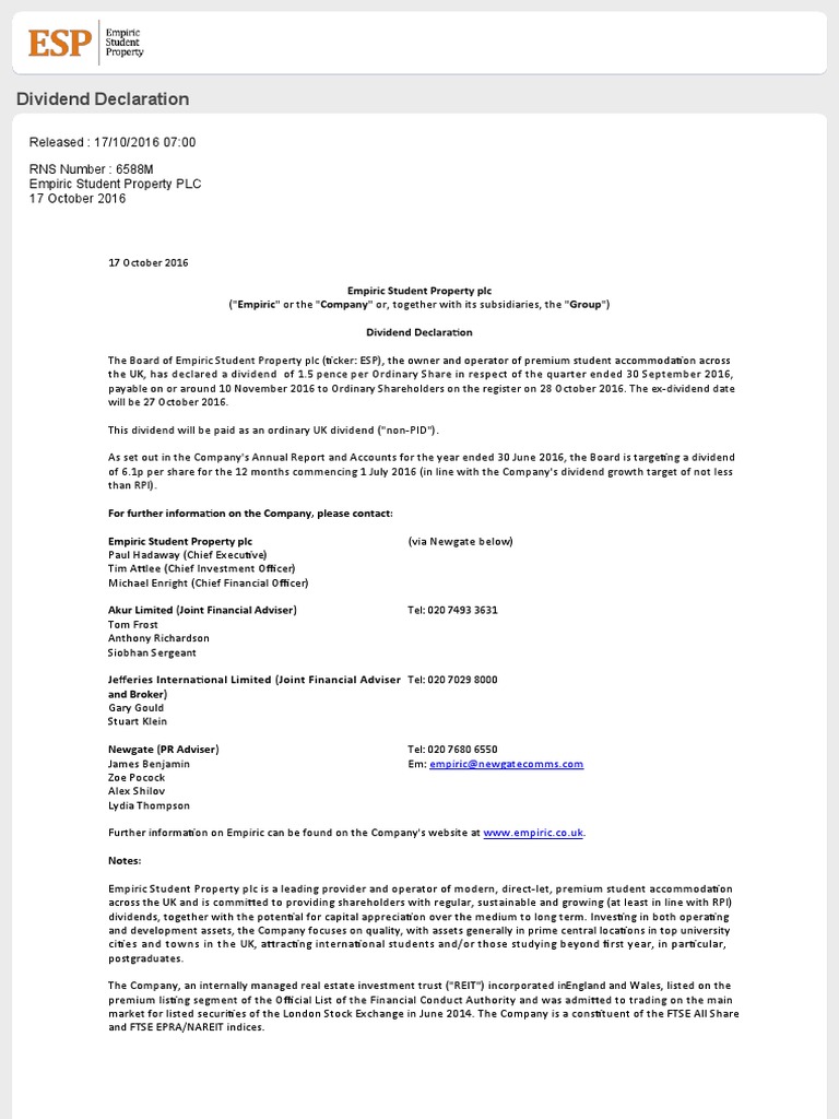 Dividend Update for Shareholders | PDF | Finance & Money Management