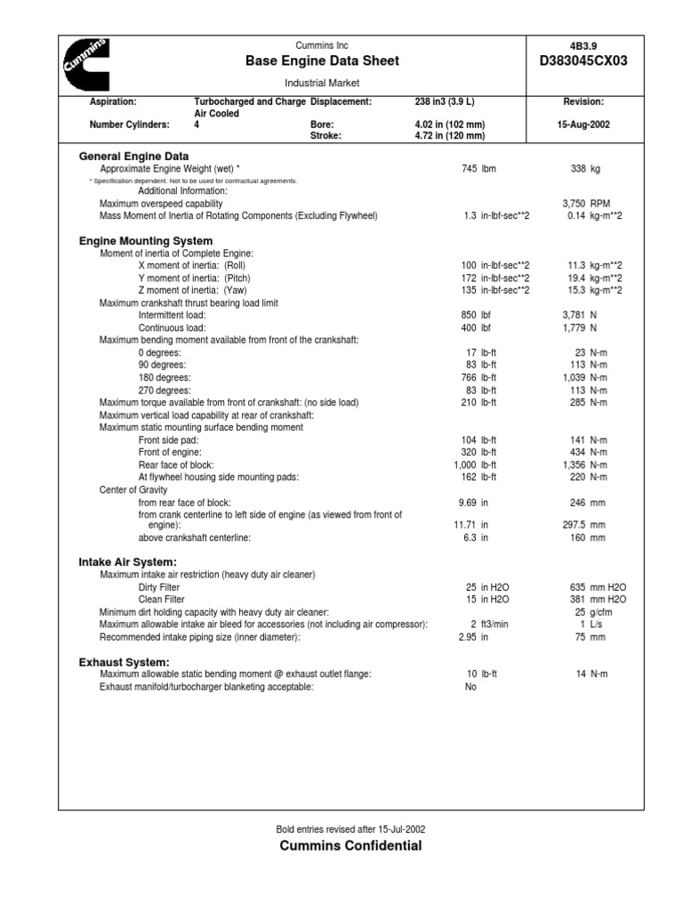 Cummins 4B3.9 Engine Data Sheet | PDF | Thermostat | Turbocharger