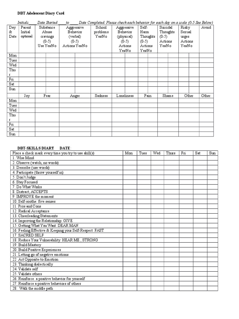 dbt adolescent diary card