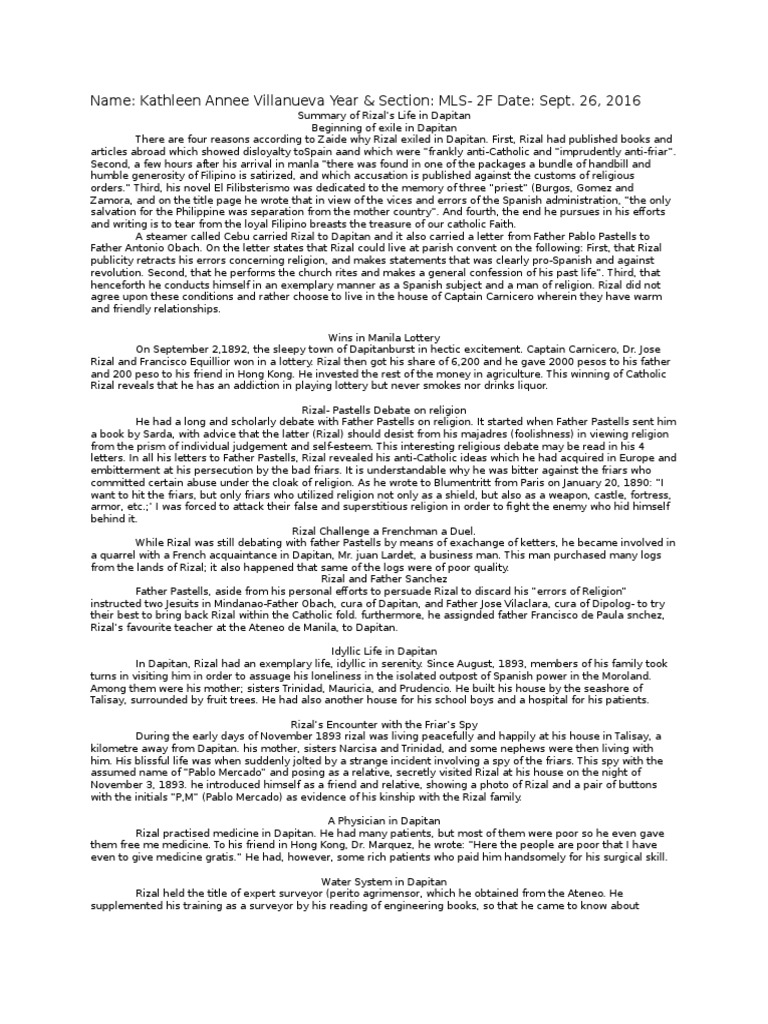 Summary of Rizal's Life in Dapitan Cuba Religion And Belief