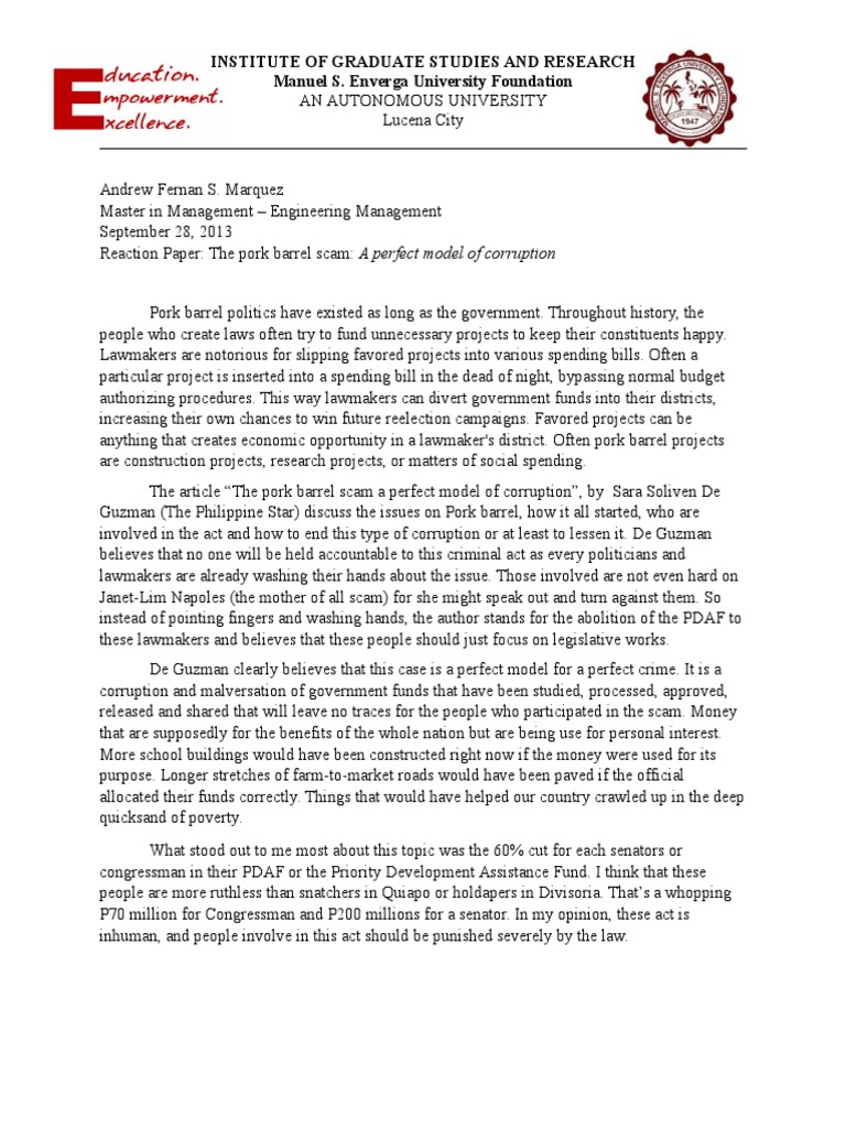 Reaction Paper Pork Barrel Corruption United States Congress