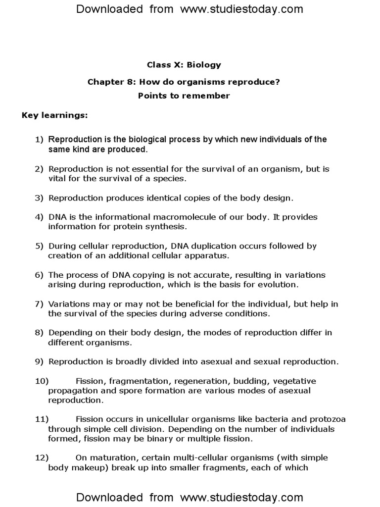 Class 10 Notes on Organism Reproduction | PDF | Sexual Reproduction ...
