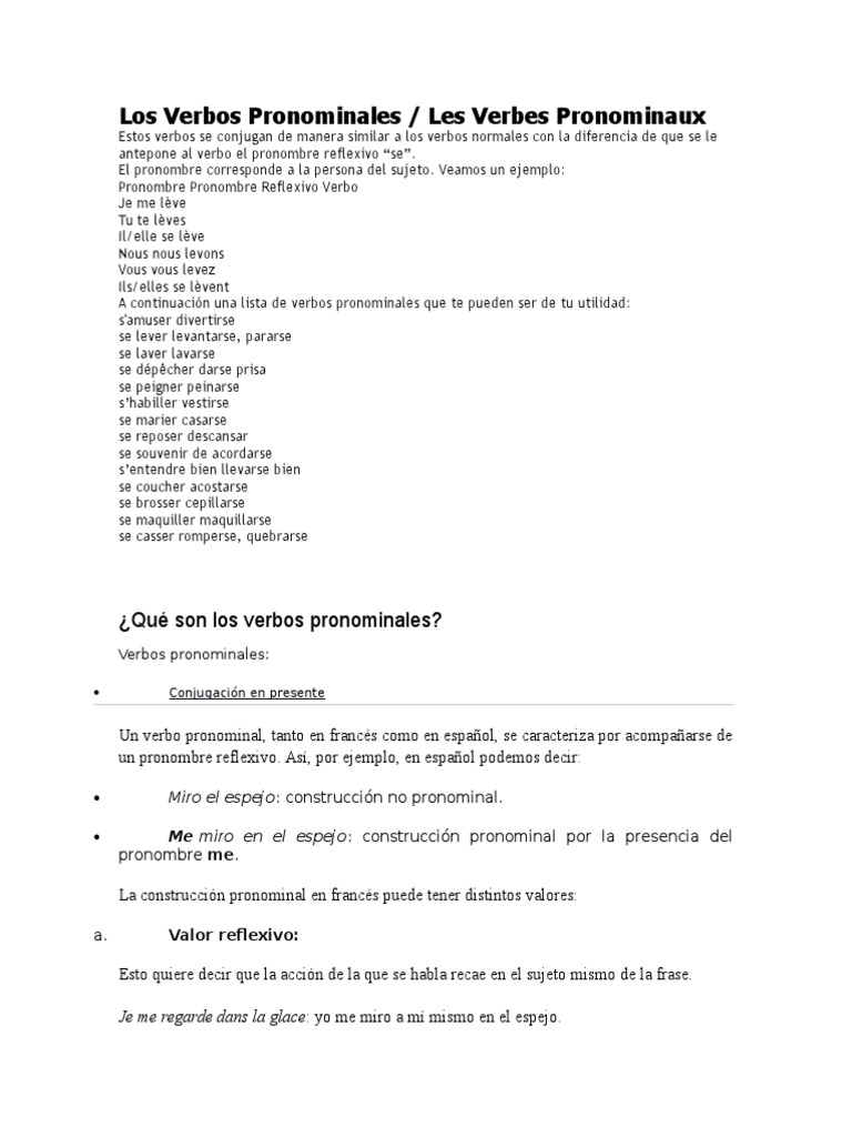 Verbos Pronominales en Español y Francés | PDF | Verbo | Pronombre
