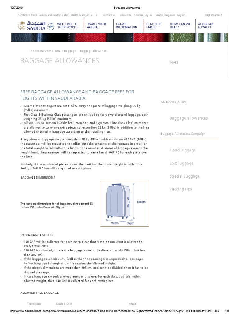Baggage Allowances: Free Baggage Allowance and Baggage Fees For Flights  Within Saudi Arabia | PDF | Baggage