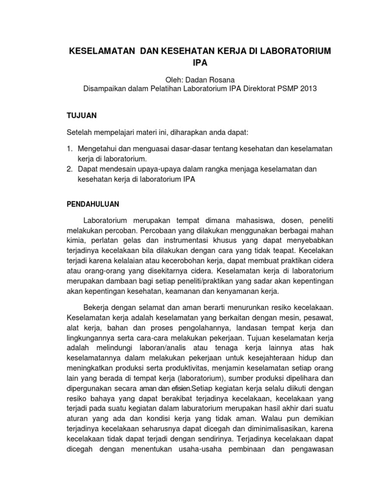 Makalah Keselamatan Kerja Di Laboratorium Ipa