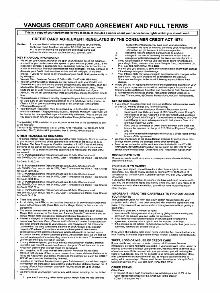 Vanquis Credit Card Agreement and Full Terms PDF Financial
