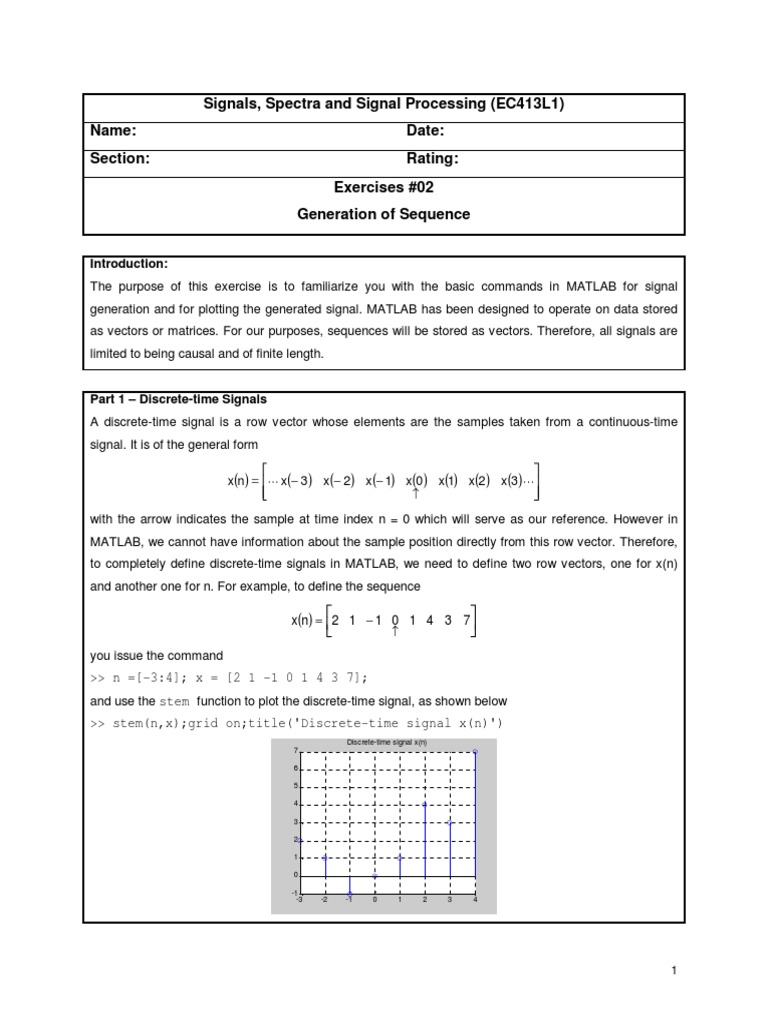 Signals, Spectra and Signal Processing (EC413L1) Name Date Section