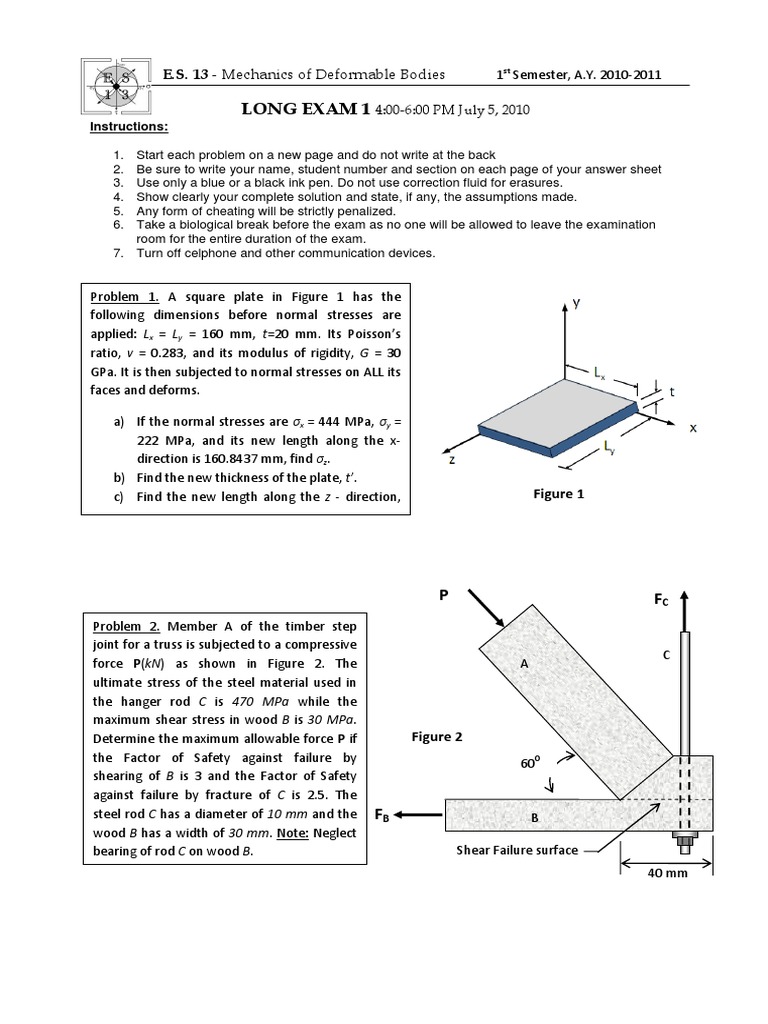 Long Exam 1: E.S. 13 - Mechanics of Deformable Bodies | PDF