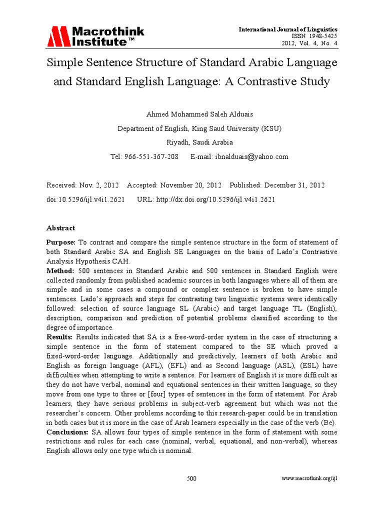 Simple Sentence Structure of Standard Arabic Language PDF | PDF ...