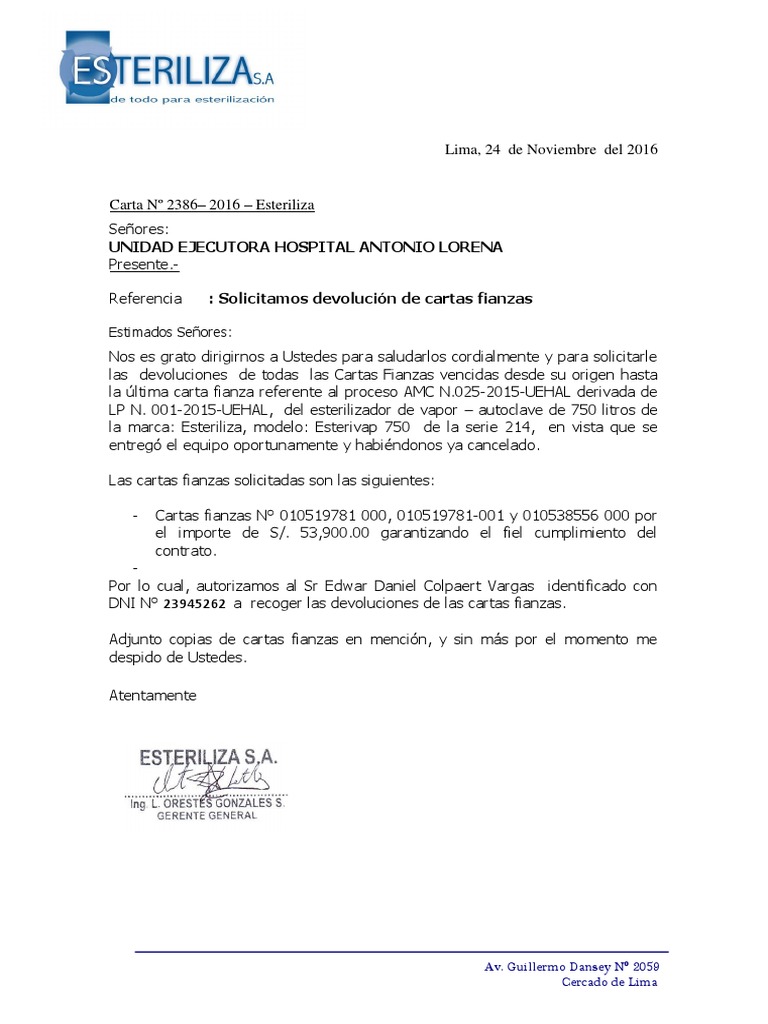 Modelo De Devolucion De Carta Fianza De Fiel Cumplimiento 