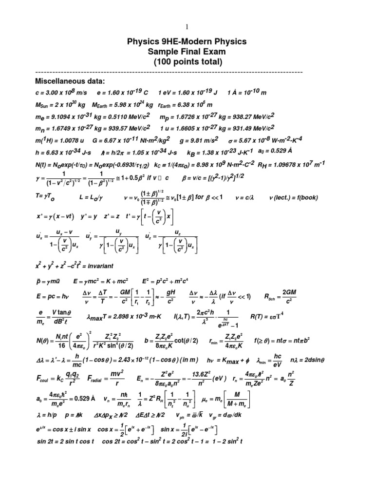 Modern Physics Sample Final Exam | PDF | Wave Function | Atoms