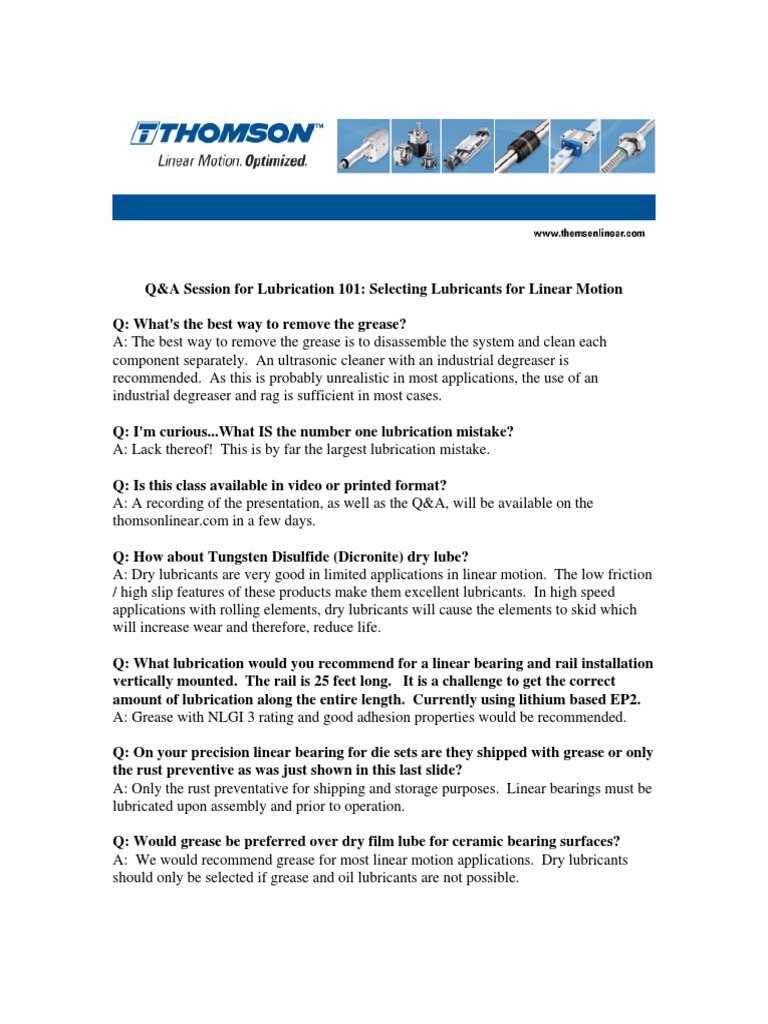Lubrication 101: Q&A on Linear Motion | PDF | Bearing (Mechanical) |  Lubricant
