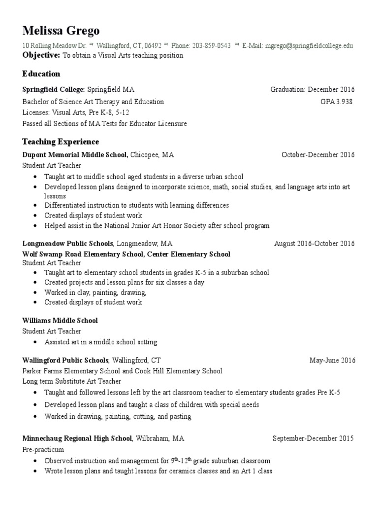 resume assignment for middle school