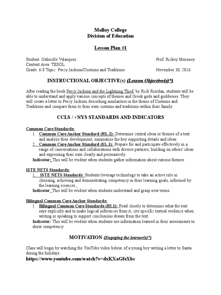 Molloy College Division of Education Lesson Plan #1: Common Core ...