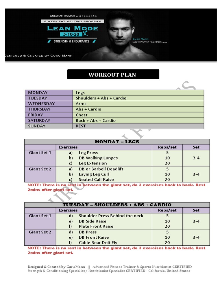 Lean Mode Workout Plan By Guru Mann Pdf Personal Trainer Physical Exercise
