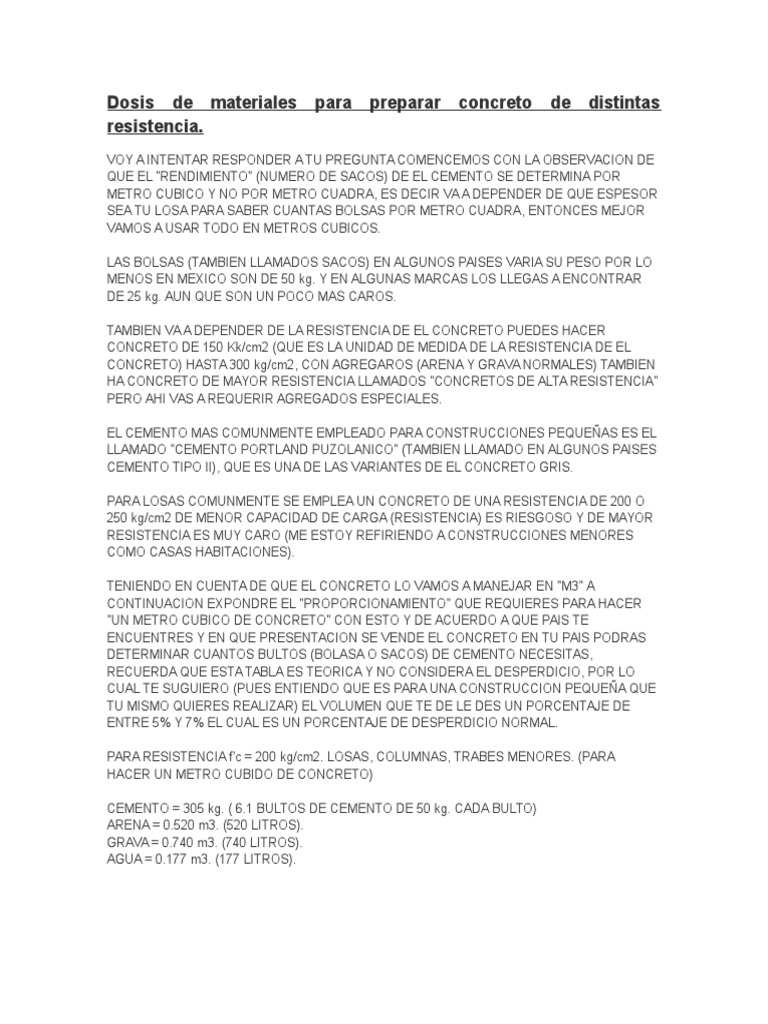 Cuantos Sacos De Cemento Por Metro Cubico De Concreto Dosis de Materiales para Preparar Concreto de Distintas Resistencia | PDF |  Hormigón | Kilogramo