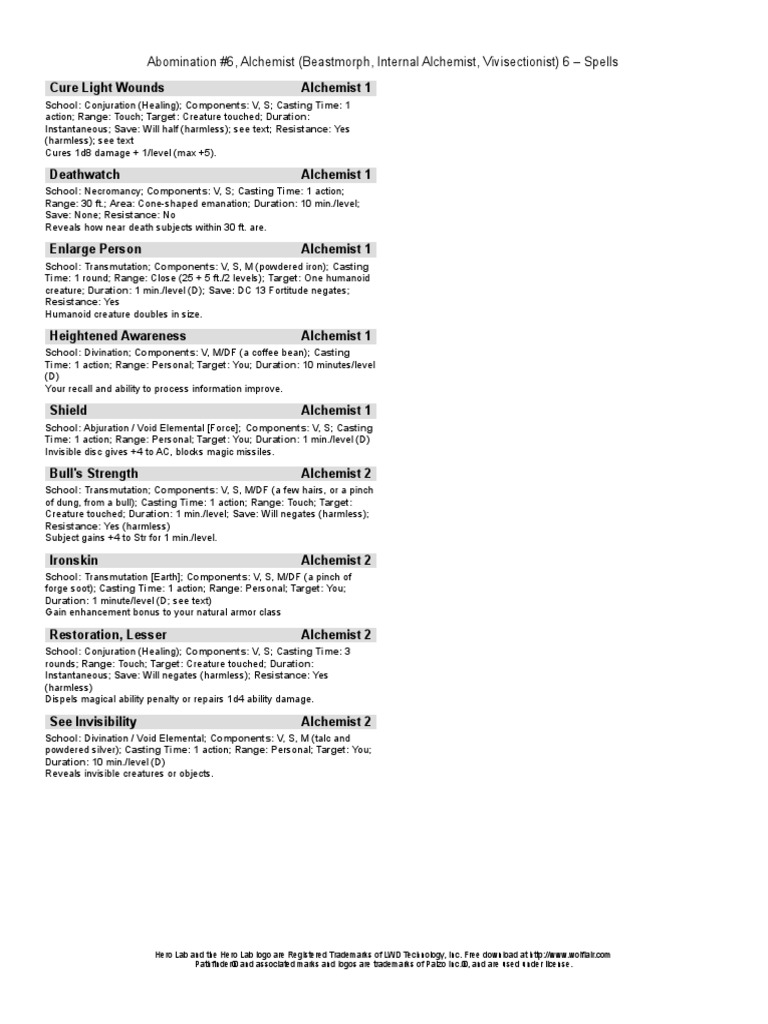 Pathfinder Alchemist, Paladin, Hunter, Bard Spells PDF