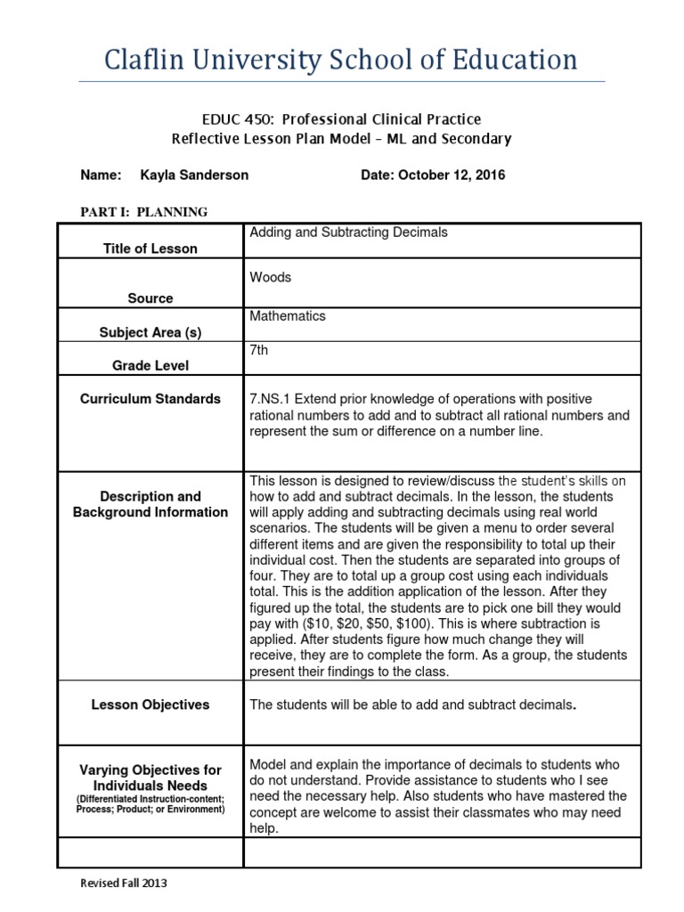 Reflective Lesson Plan 2 Adding And Subtracting Decimals Lesson Plan Educational Assessment