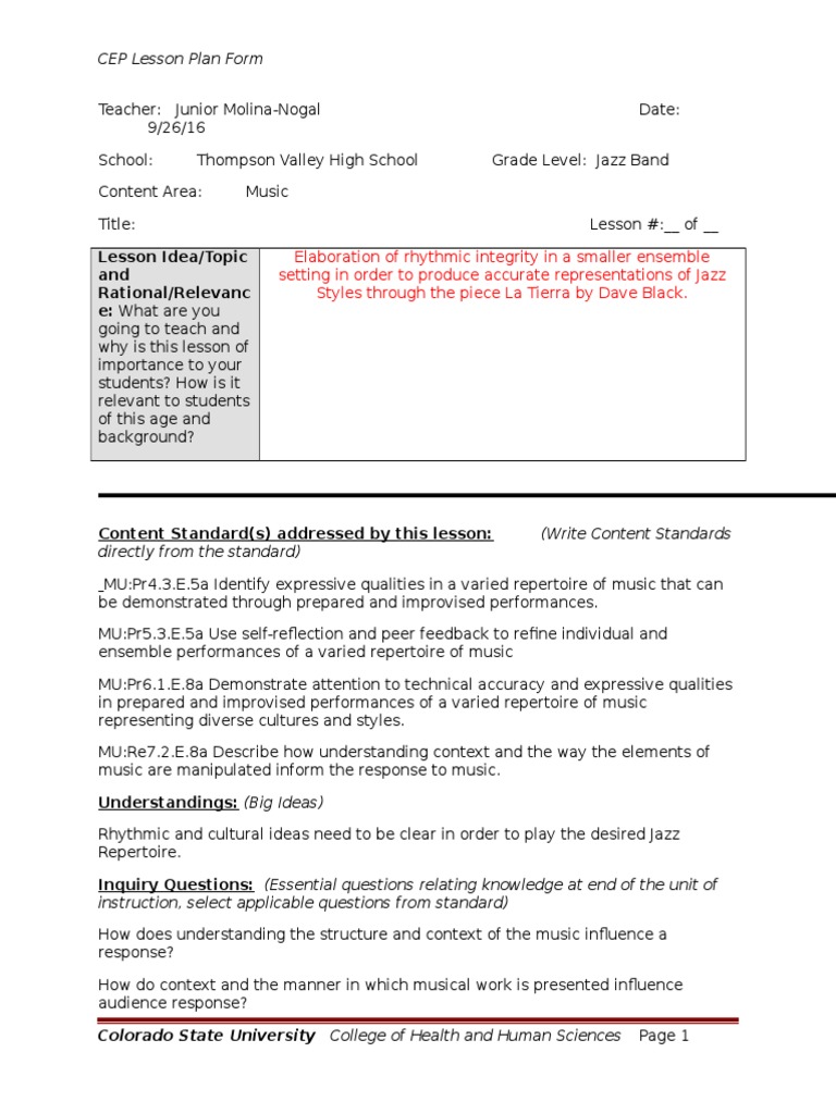 CEP Lesson Plan Form | PDF | Lesson Plan | Educational Assessment