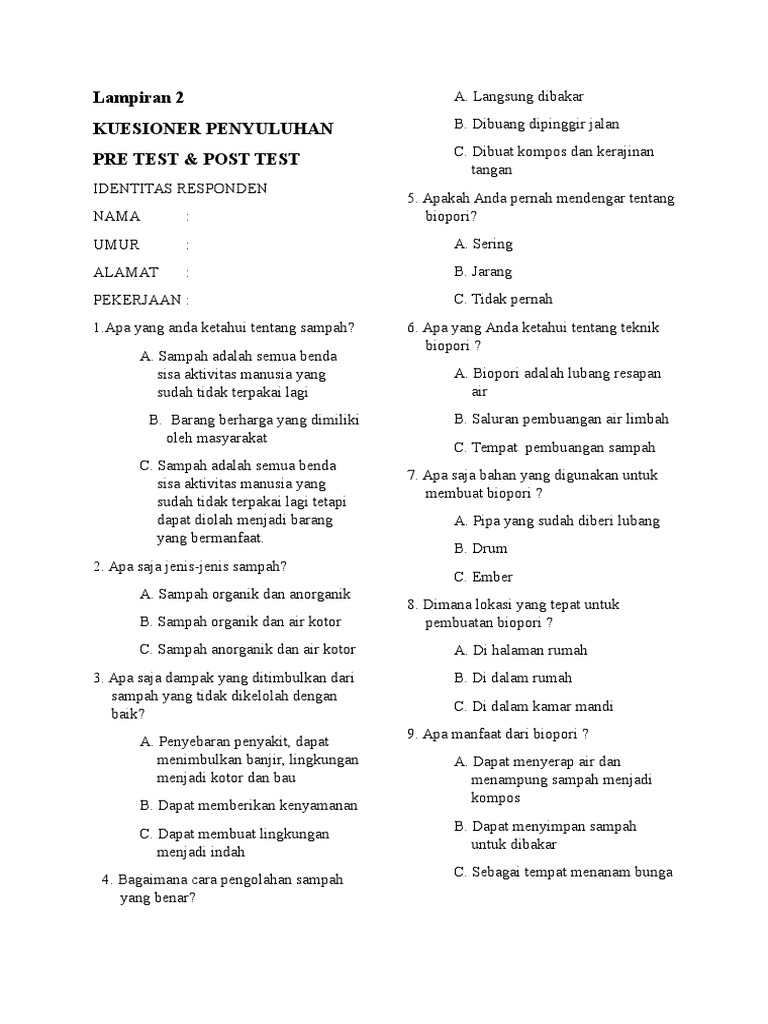 Contoh Kuesioner Penyuluhan Pre Test