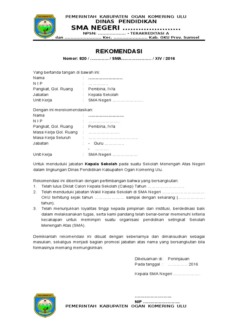 Rekomendasi Menduduki Jabatan Kepala Sekolah Contoh