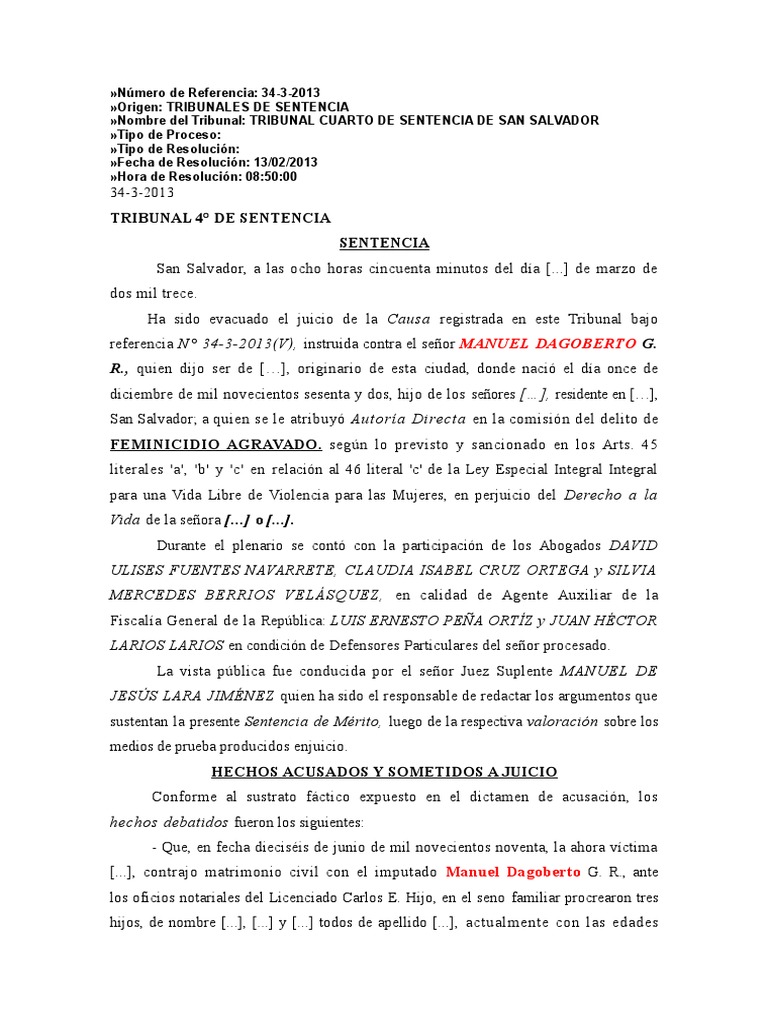 Primer caso de feminicidio en El Salvador | PDF | Jurisprudencia médica ...