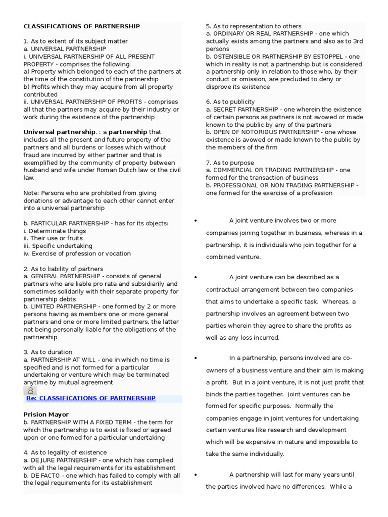 Classifications Of Partnership Pdf Partnership Joint Venture