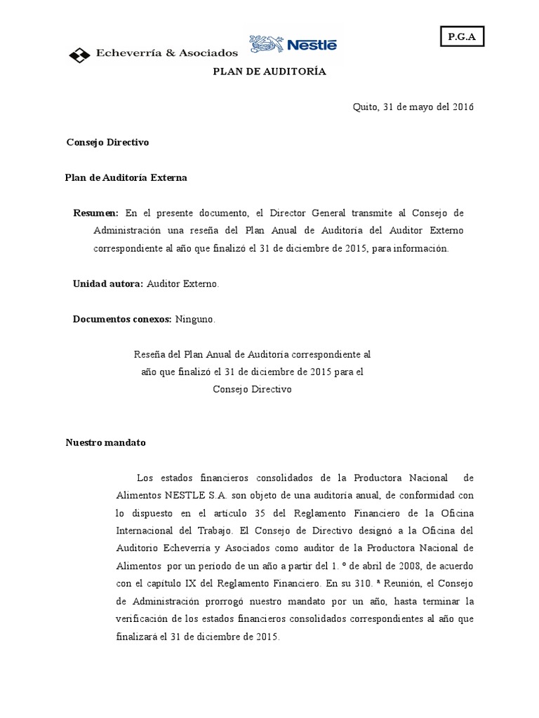 Plan de Auditoría Externa Nestlé 2015 | PDF | Auditoría financiera ...