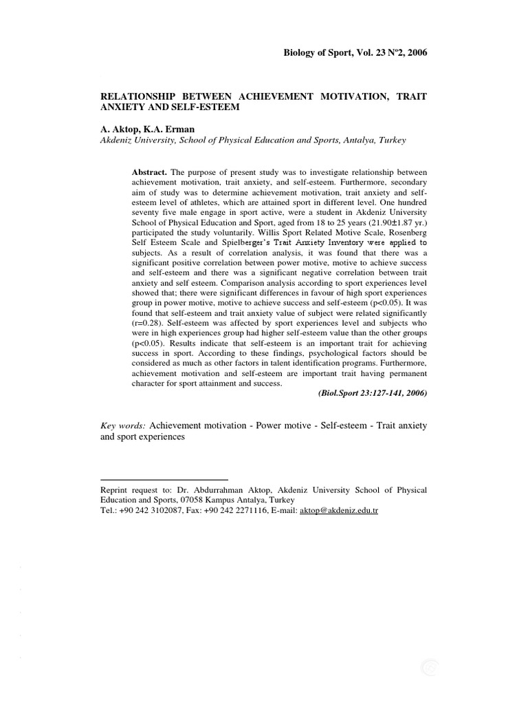 Motivation, Anxiety, and Self-Esteem in Athletes | PDF | Self Esteem ...