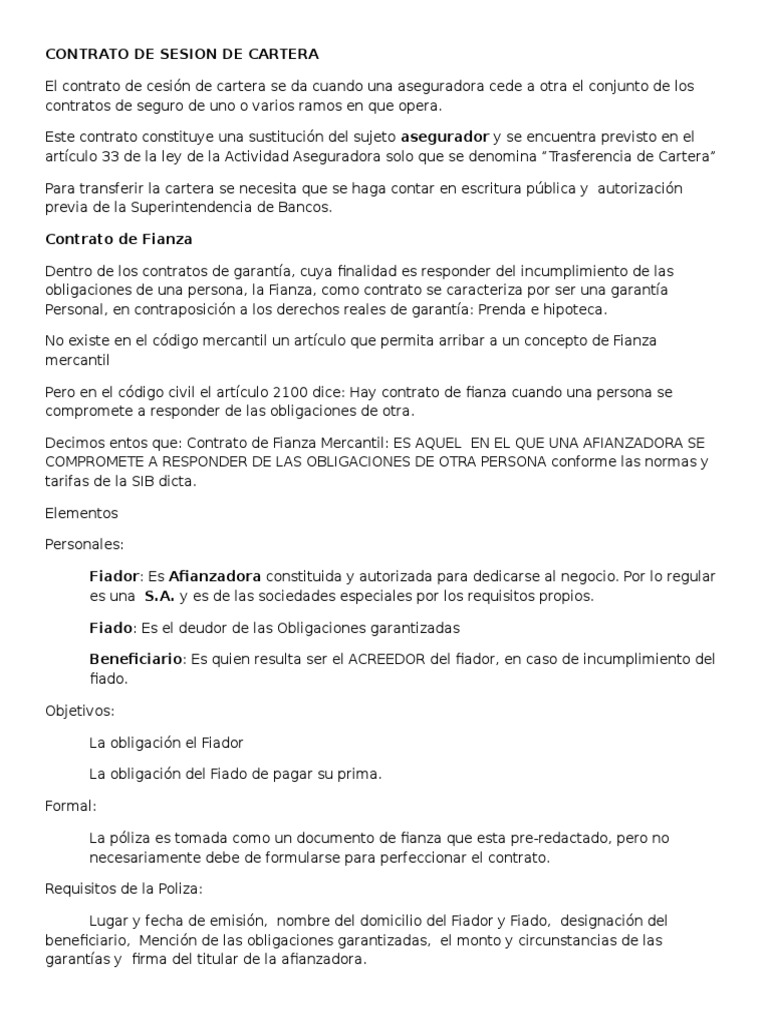 Contrato de Cesión de Cartera y Fianza | PDF | Póliza de seguros ...