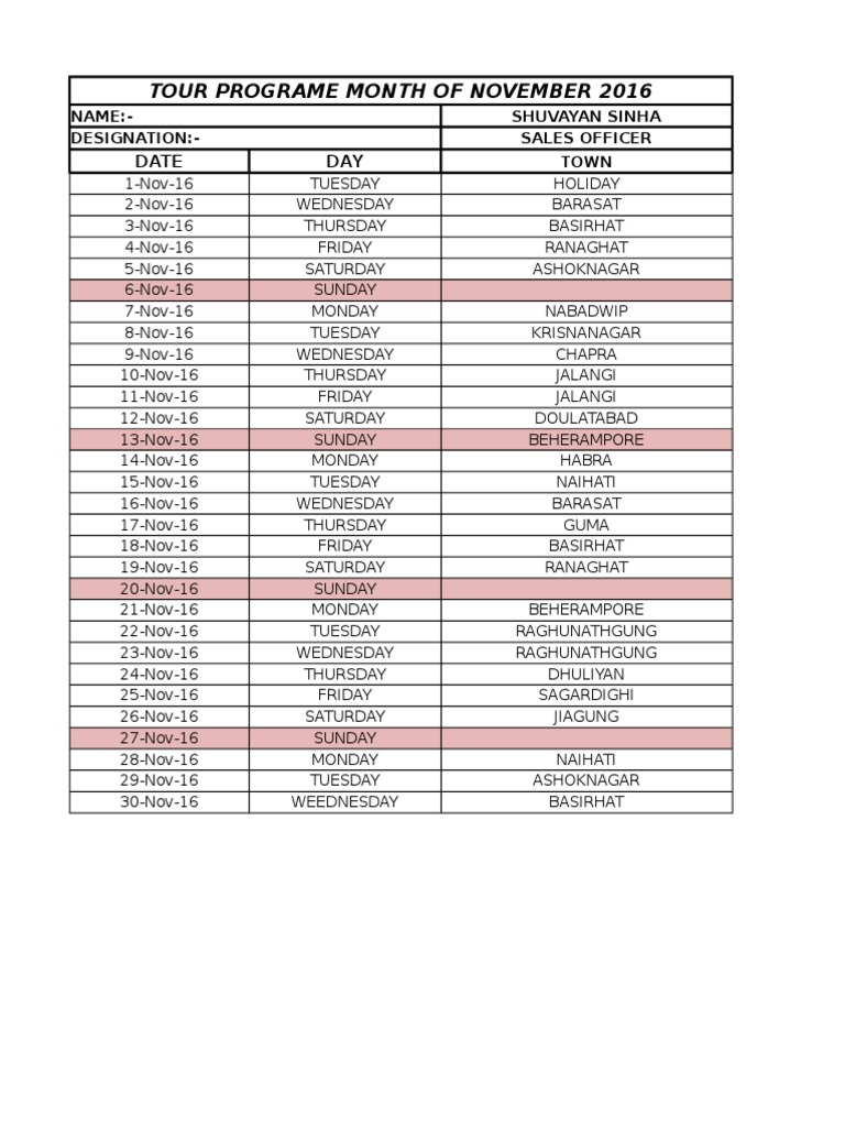 November 2016 Tour Schedule for Sales | PDF | Social Science | Foreign ...