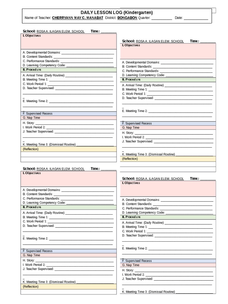 Kindergarten Daily Lesson Log Example | PDF | Business | Computers