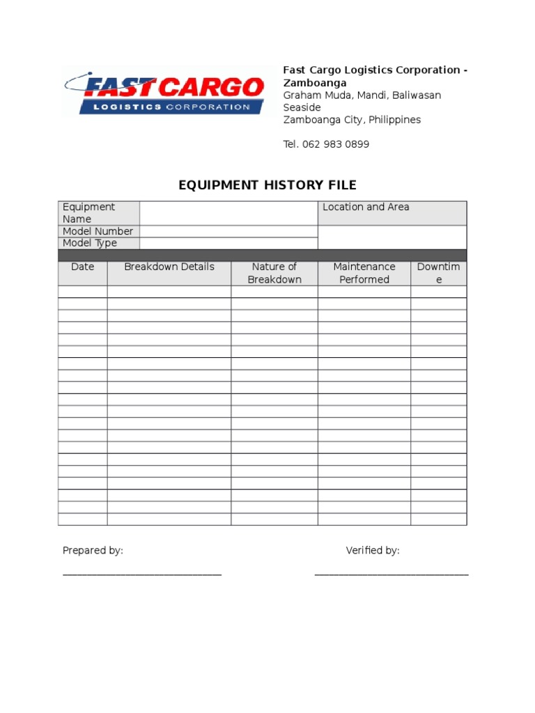 Equipment History Form
