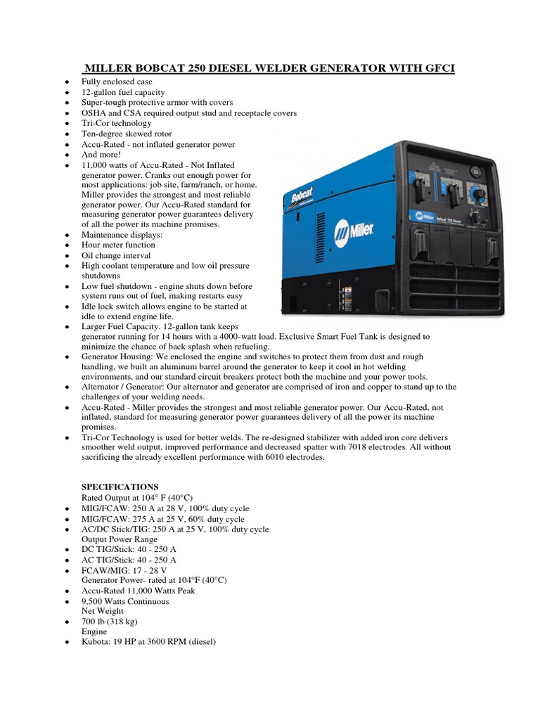 Miller Bobcat 250 Diesel Welder Generator With Gfci PDF PDF