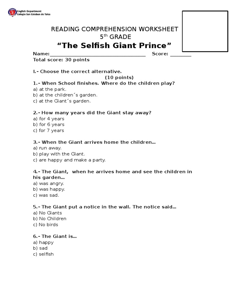 Reading Comprehension Worksheet The Selfish Giant | PDF