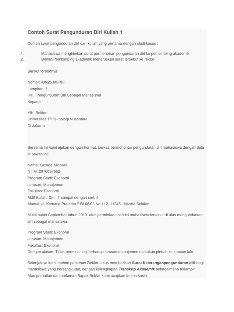 Contoh Surat Pengunduran Diri Kuliah UNDIP