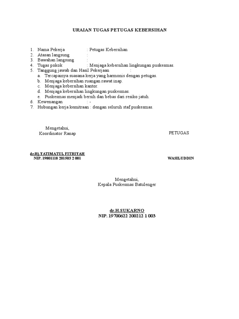 Uraian Tugas Petugas Kebersihan